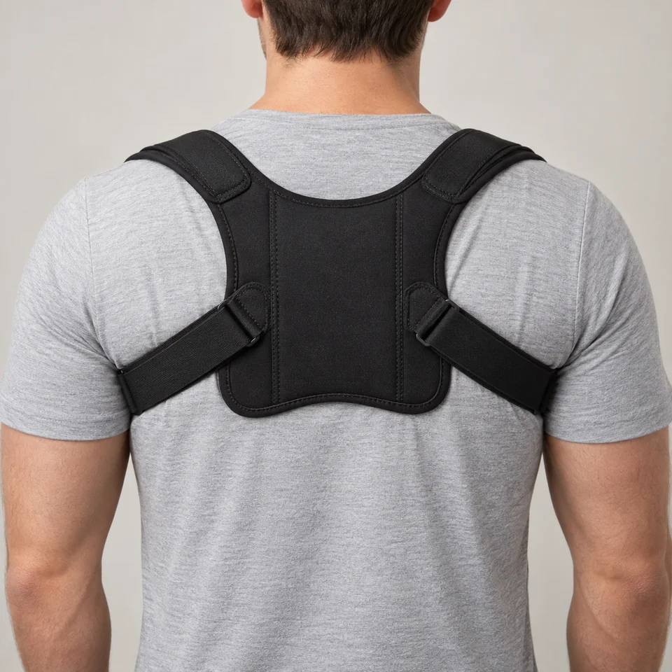 Black upper-back posture support with a wide panel and adjustable straps